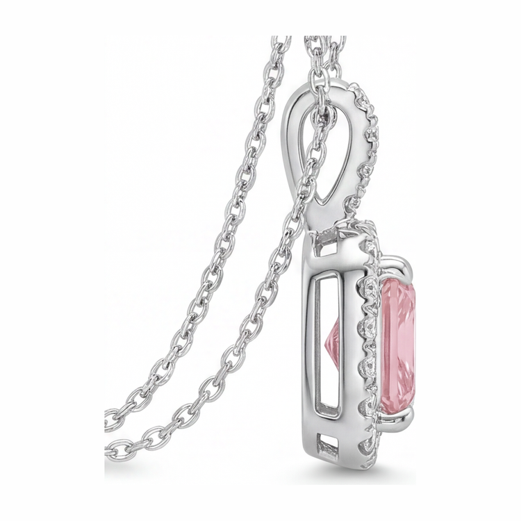 Collier avec pendentif halo diamant rose de laboratoire 2,25 carats taille radiant en or blanc 14K