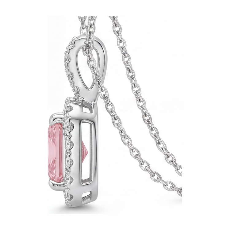 Collier avec pendentif Halo diamant rose de laboratoire taille radiant 2,25 carats en Or Blanc 14 carats