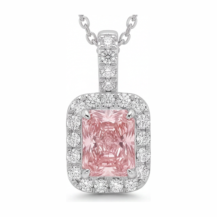 Collier avec pendentif Halo diamant rose de laboratoire taille radiant 2,25 carats en Or Blanc 14 carats