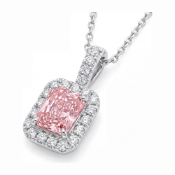 Collier avec pendentif halo diamant rose de laboratoire 2,25 carats taille radiant en or blanc 14K