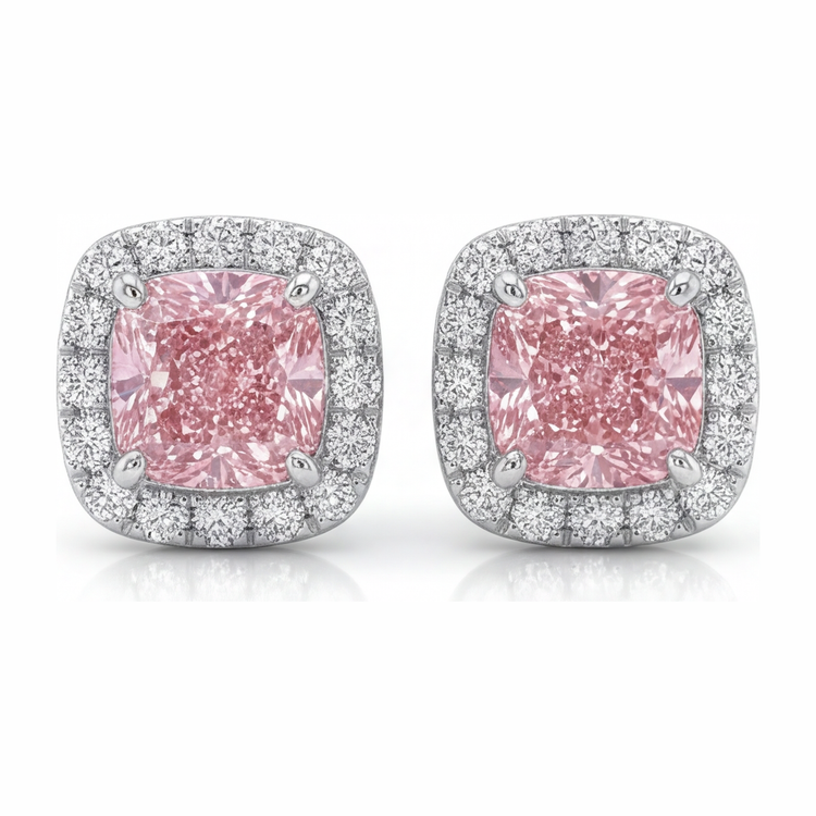 Boucles d'oreilles Halo coussin en diamant rose de laboratoire 2,5 carats en Or Blanc 14 carats