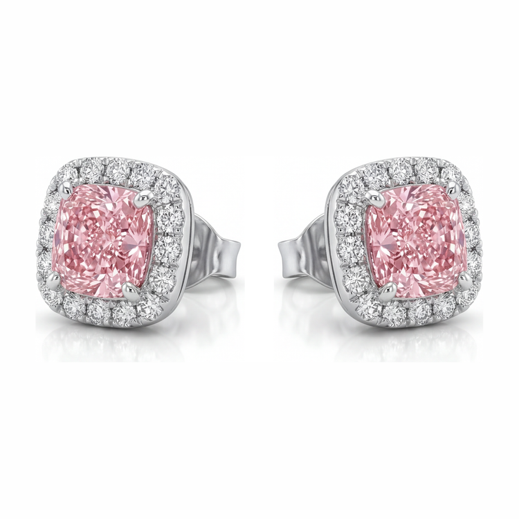 Boucles d'oreilles halo taille coussin en diamant rose de laboratoire 2,5 carats en Or Blanc 14 carats