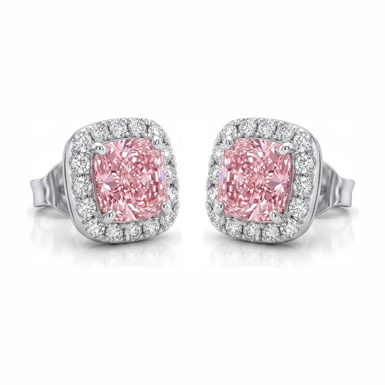 Boucles d'oreilles Halo coussin en diamant rose de laboratoire 2,5 carats en Or Blanc 14 carats