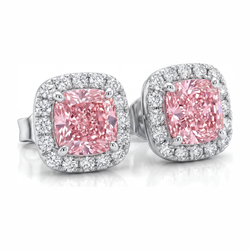 Boucles d'oreilles halo taille coussin en diamant rose de laboratoire 2,5 carats en Or Blanc 14 carats