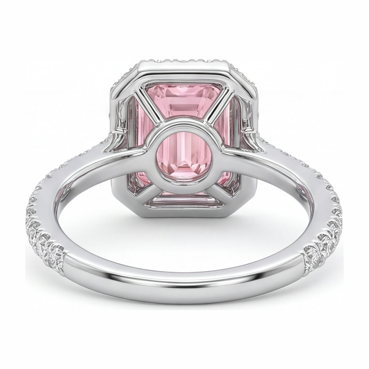 Bague diamant rose de laboratoire 2,5 carats taille émeraude avec Halo en Or Blanc 14 carats