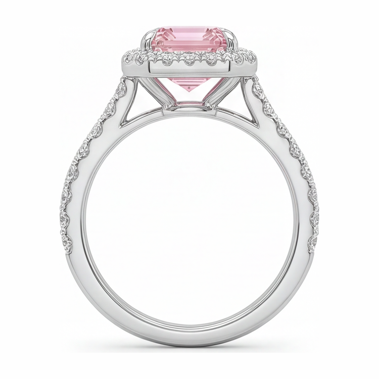Bague diamant rose de laboratoire 2,5 carats taille émeraude avec Halo en Or Blanc 14 carats