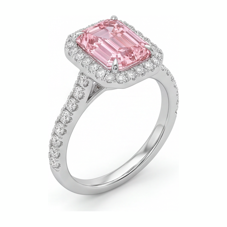Bague diamant rose de laboratoire 2,5 carats taille émeraude avec Halo en Or Blanc 14 carats