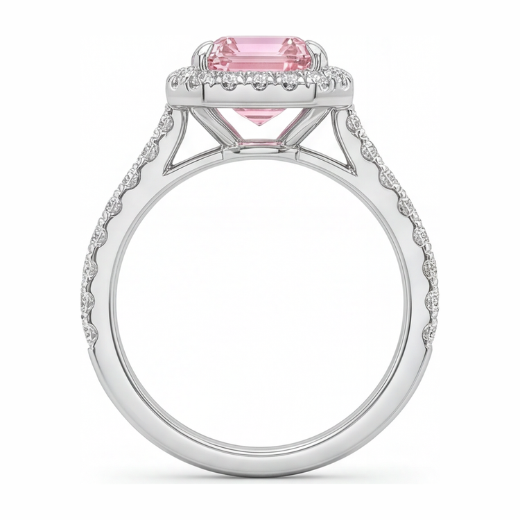 Bague diamant rose de laboratoire 2,5 carats taille émeraude avec Halo en Or Blanc 14 carats
