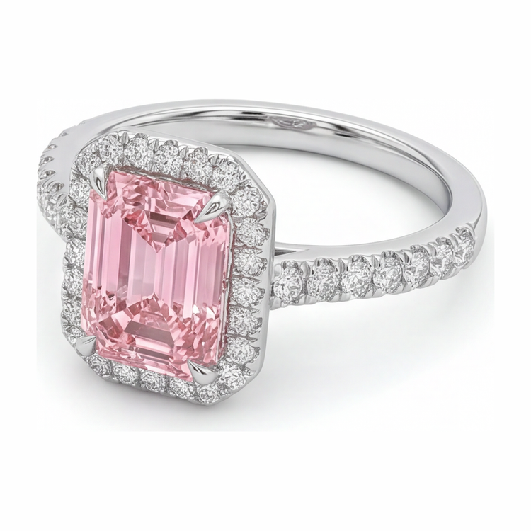Bague diamant rose de laboratoire 2,5 carats taille émeraude avec Halo en Or Blanc 14 carats