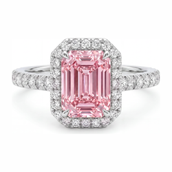 Bague diamant rose de laboratoire 2,5 carats taille émeraude avec Halo en Or Blanc 14 carats