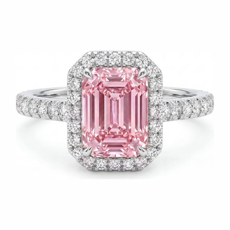 Bague diamant rose de laboratoire 2,5 carats taille émeraude avec Halo en Or Blanc 14 carats
