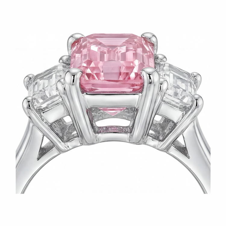 Bague de Fiançailles Trois Pierres Cathédrale en Or Blanc 14 Carats avec Diamant Rose de Laboratoire Taille Émeraude 2,5 Carats