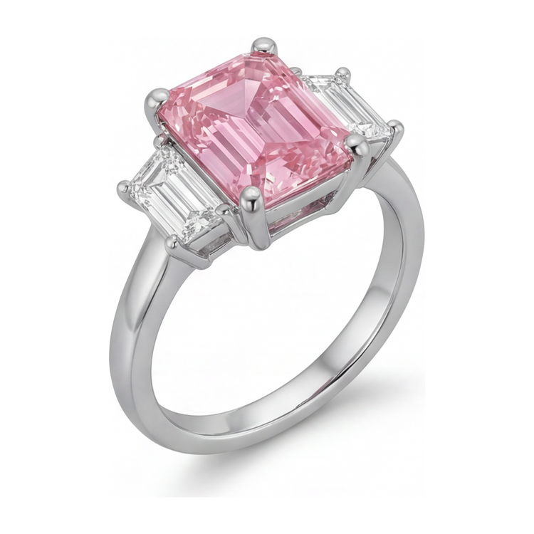 Bague Trois Pierres Simple en Or Blanc 14 Carats avec Diamant Rose de Laboratoire Taille Émeraude 2,5 Carats