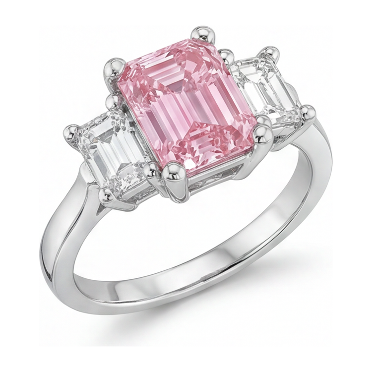 Bague de Fiançailles Trois Pierres Cathédrale en Or Blanc 14 Carats avec Diamant Rose de Laboratoire Taille Émeraude 2,5 Carats