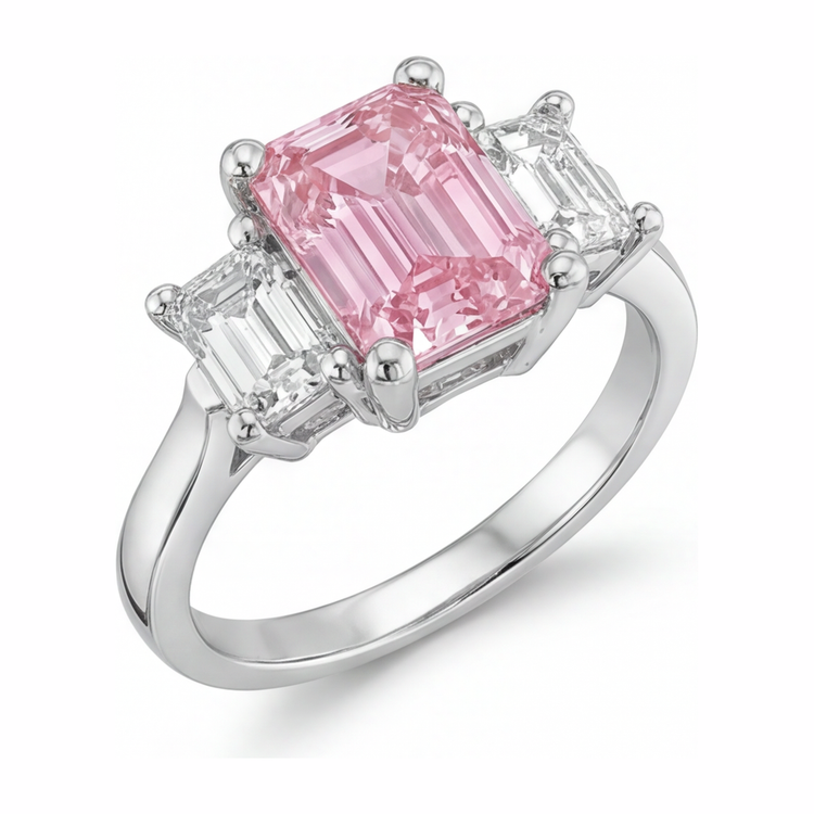Bague de Fiançailles Trois Pierres Cathédrale en Or Blanc 14 Carats avec Diamant Rose de Laboratoire Taille Émeraude 2,5 Carats