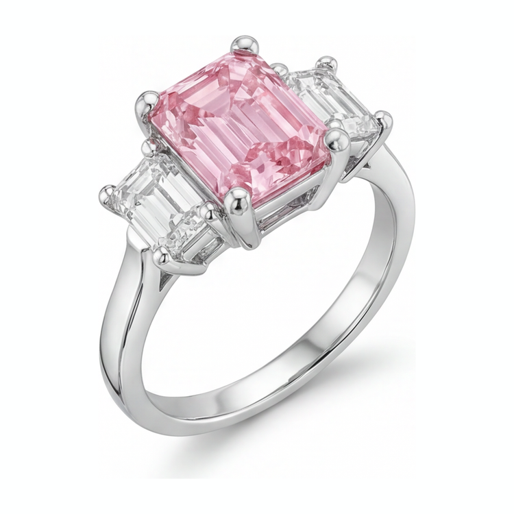 Bague de Fiançailles Trois Pierres Cathédrale en Or Blanc 14 Carats avec Diamant Rose de Laboratoire Taille Émeraude 2,5 Carats
