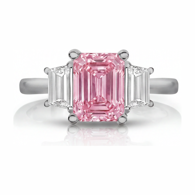 Bague Trois Pierres Simple en Or Blanc 14 Carats avec Diamant Rose de Laboratoire Taille Émeraude 2,5 Carats