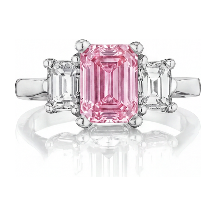 Bague de Fiançailles Trois Pierres Cathédrale en Or Blanc 14 Carats avec Diamant Rose de Laboratoire Taille Émeraude 2,5 Carats