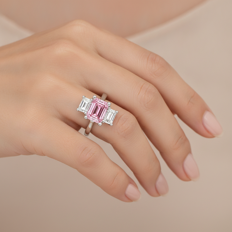 Bague de Fiançailles Trois Pierres Cathédrale en Or Blanc 14 Carats avec Diamant Rose de Laboratoire Taille Émeraude 2,5 Carats