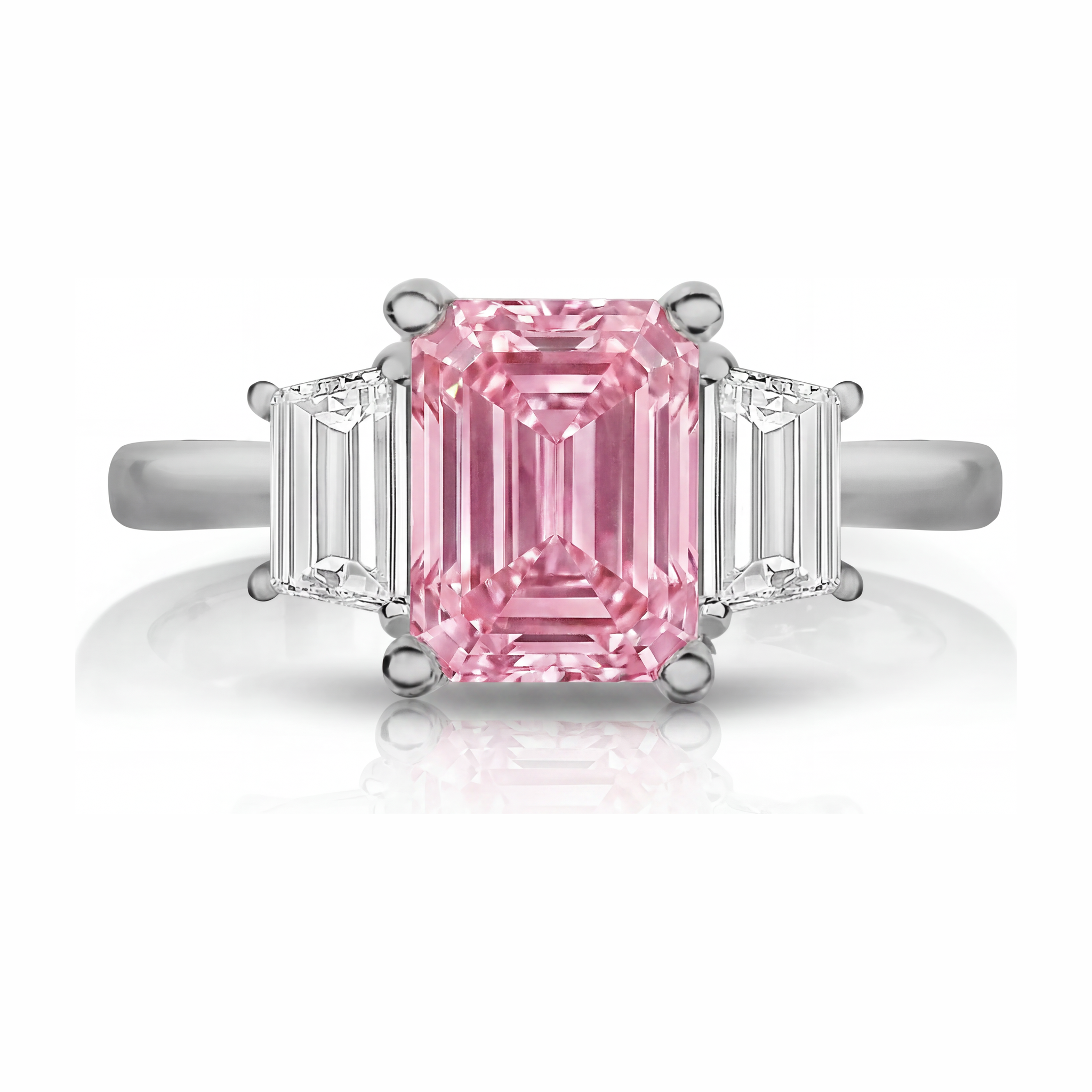 Bague Trois Pierres Simple en Or Blanc 14 Carats avec Diamant Rose de Laboratoire Taille Émeraude 2,5 Carats