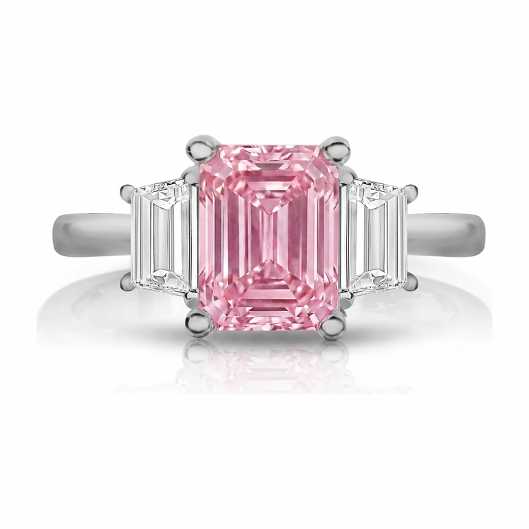 Bague Trois Pierres Simple en Or Blanc 14 Carats avec Diamant Rose de Laboratoire Taille Émeraude 2,5 Carats