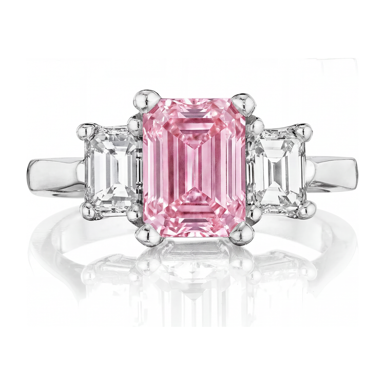 Bague de Fiançailles Trois Pierres Cathédrale en Or Blanc 14 Carats avec Diamant Rose de Laboratoire Taille Émeraude 2,5 Carats
