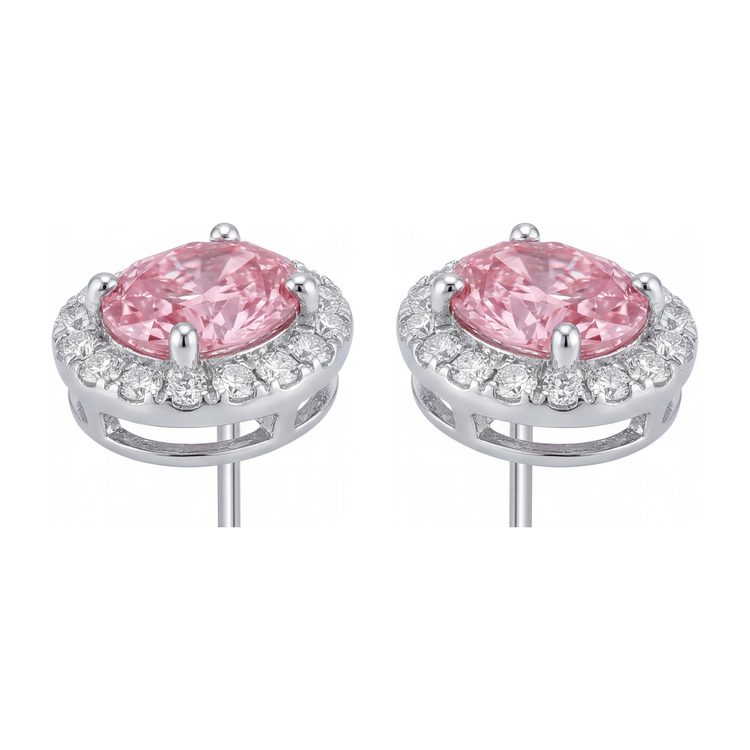 Boucles d'oreilles pendantes en diamant rose de laboratoire 2,5 carats, Halo ovale, Or Blanc 14 carats