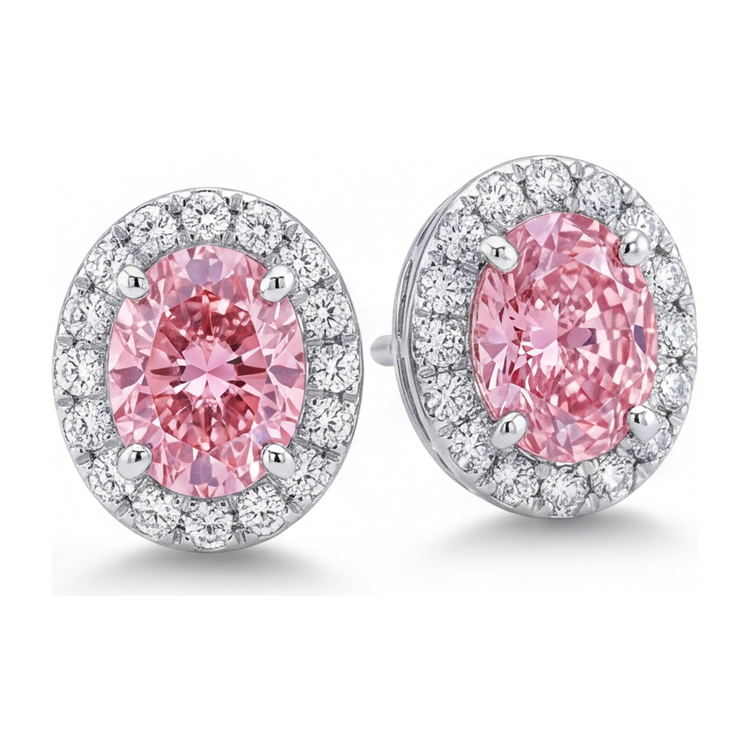 Boucles d'oreilles pendantes halo ovale en Or Blanc 14 carats avec diamant rose de laboratoire 2,5 carats