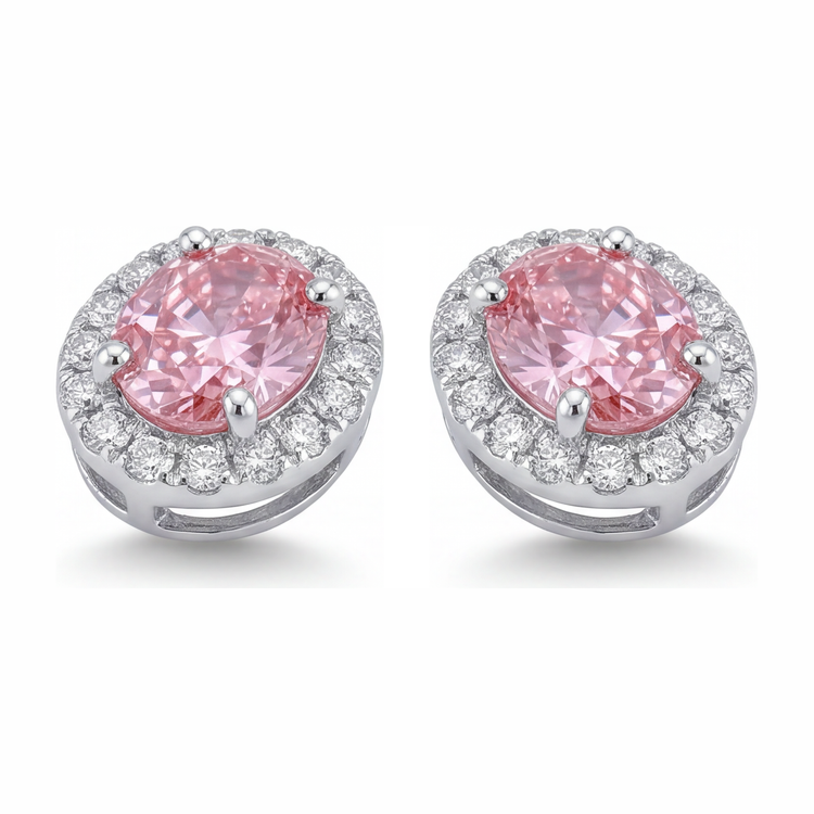 Boucles d'oreilles pendantes halo ovale en Or Blanc 14 carats avec diamant rose de laboratoire 2,5 carats