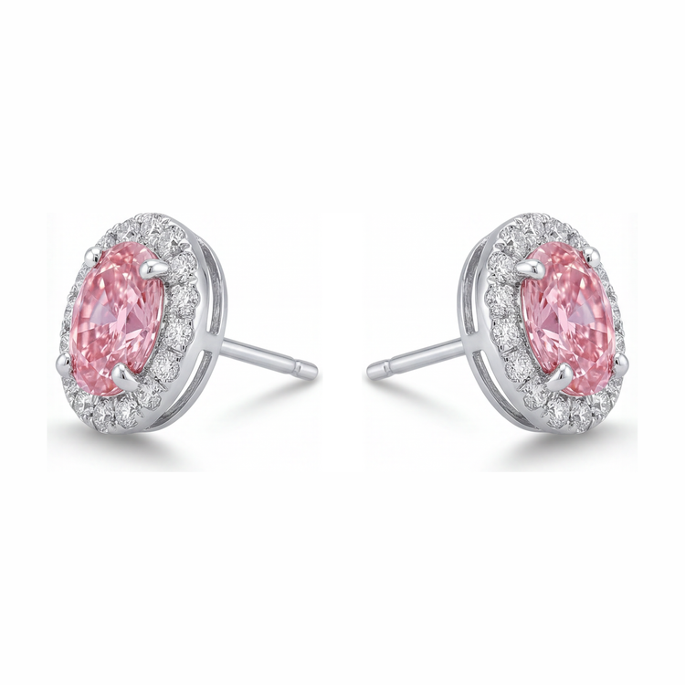 Boucles d'oreilles pendantes halo ovale en Or Blanc 14 carats avec diamant rose de laboratoire 2,5 carats