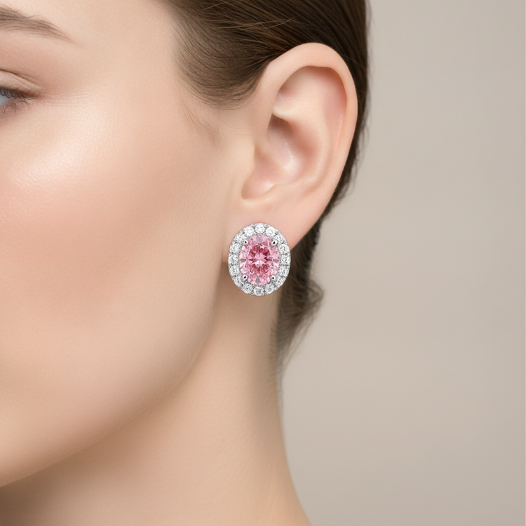 Boucles d'oreilles pendantes en diamant rose de laboratoire 2,5 carats, Halo ovale, Or Blanc 14 carats