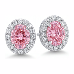 Boucles d'oreilles pendantes en diamant rose de laboratoire 2,5 carats, Halo ovale, Or Blanc 14 carats