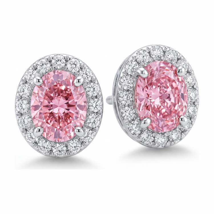 Boucles d'oreilles pendantes halo ovale en Or Blanc 14 carats avec diamant rose de laboratoire 2,5 carats