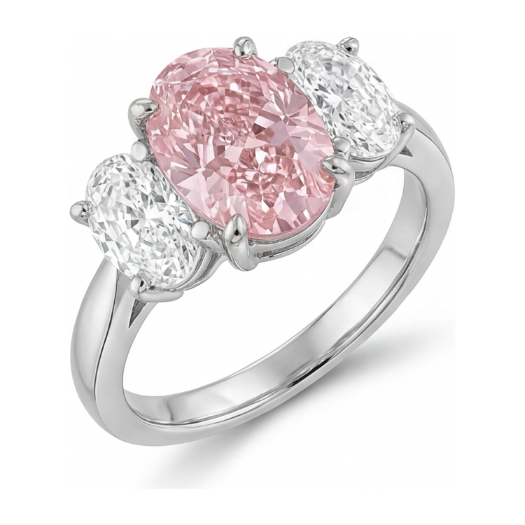 Bague de Fiançailles Rose en Or Blanc 14 Carats avec Diamant Ovale de Laboratoire de 2,5 Carats, Trois Pierres