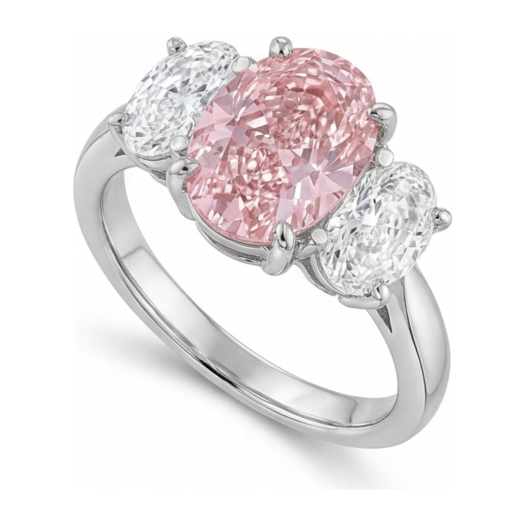 Bague de Fiançailles Rose en Or Blanc 14 Carats avec Diamant Ovale de Laboratoire de 2,5 Carats, Trois Pierres