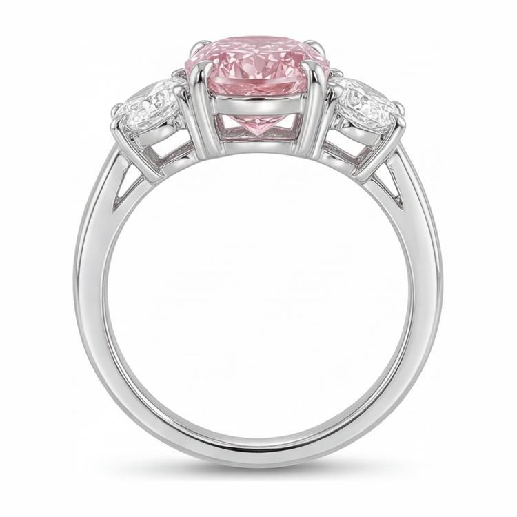 Bague de Fiançailles Rose Diamant Ovale de laboratoire 2,5 Carats Trois Pierres en Or Blanc 14 Carats