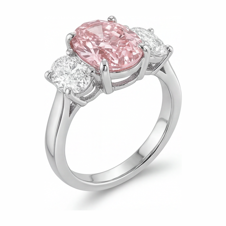 Bague de Fiançailles Rose en Or Blanc 14 Carats avec Diamant Ovale de Laboratoire de 2,5 Carats, Trois Pierres