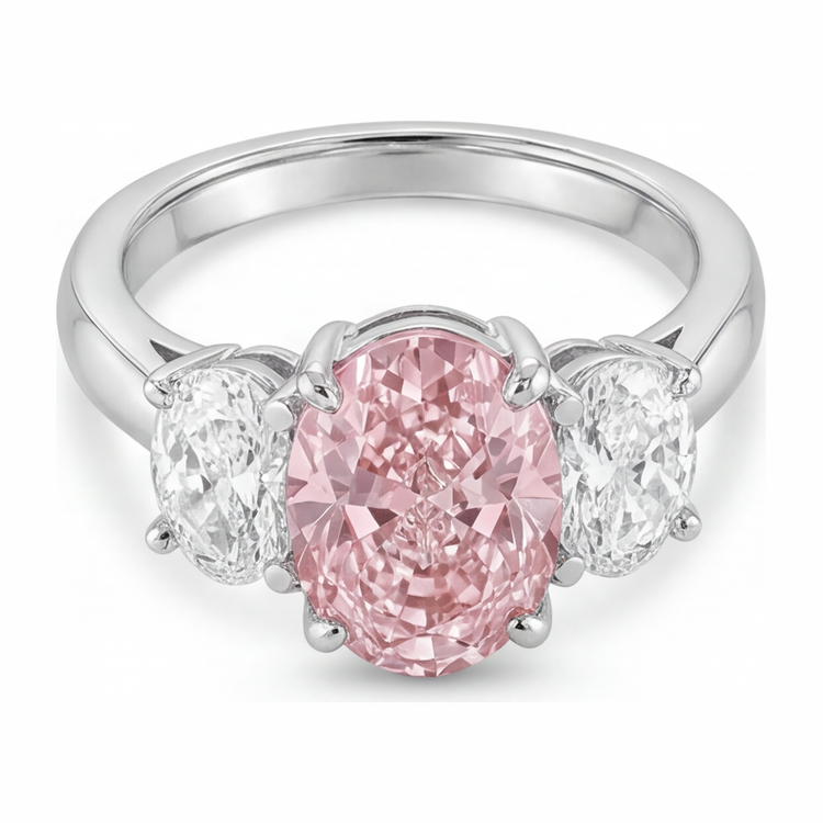 Bague de Fiançailles Rose Diamant Ovale de laboratoire 2,5 Carats Trois Pierres en Or Blanc 14 Carats