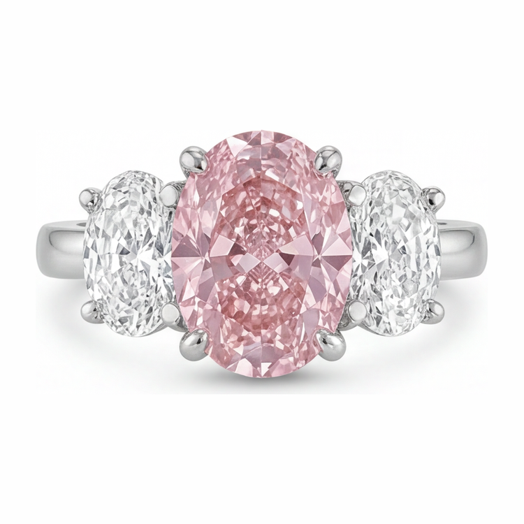 Bague de Fiançailles Rose en Or Blanc 14 Carats avec Diamant Ovale de Laboratoire de 2,5 Carats, Trois Pierres