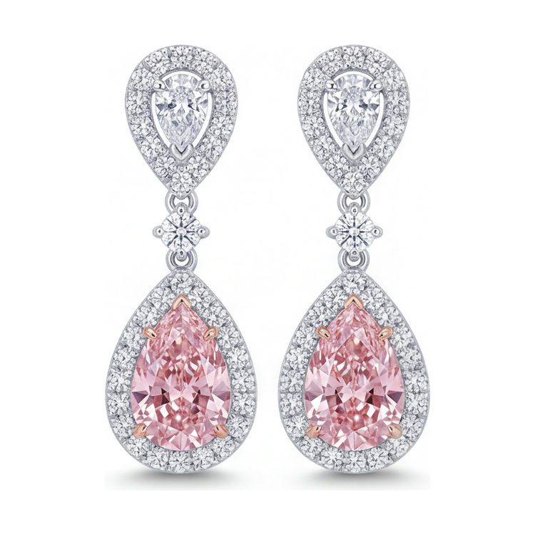 Boucles d'oreilles diamant rose de laboratoire 2,5 carats taille poire halo en Or Blanc 14 carats
