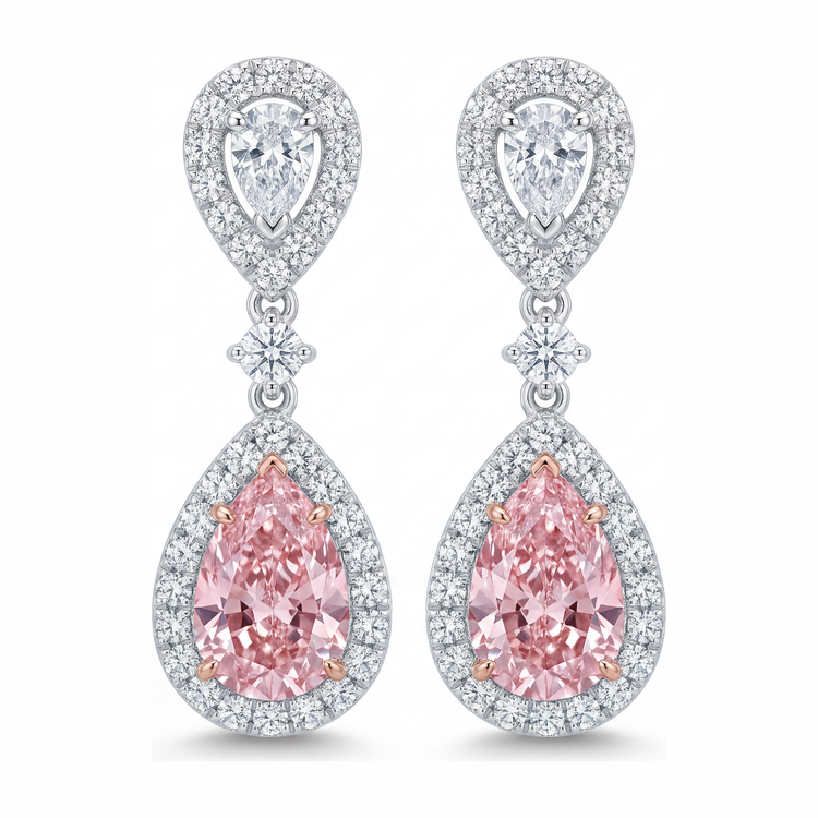 Boucles d'oreilles diamant rose de laboratoire 2,5 carats taille poire halo en Or Blanc 14 carats