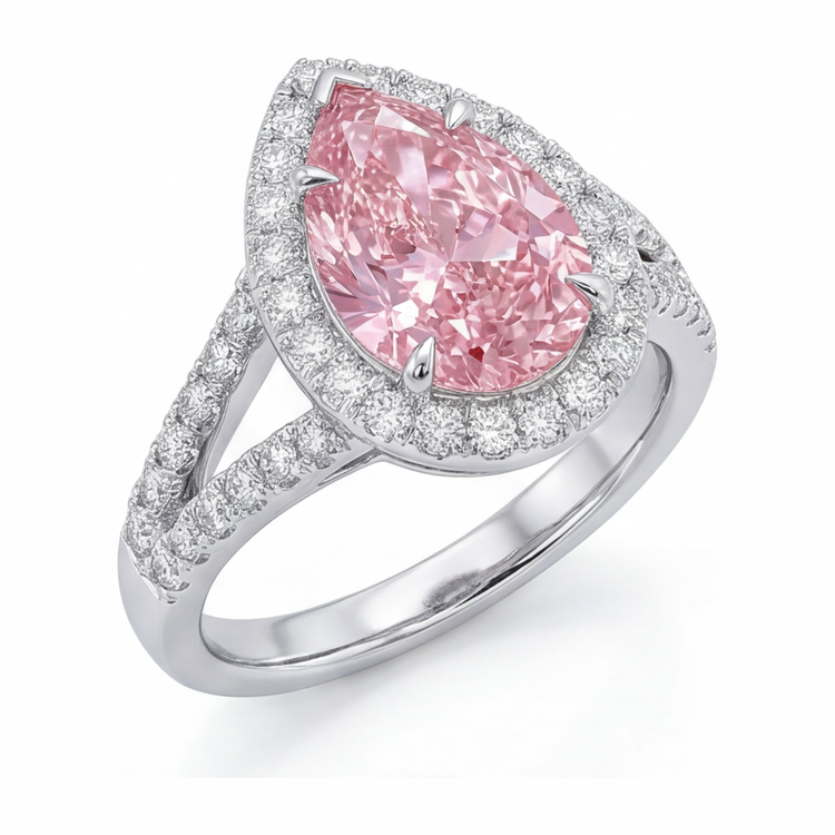 Bague de Fiançailles Diamant Rose de Laboratoire 2,5 Carats Halo Poire en Or Blanc 14 Carats