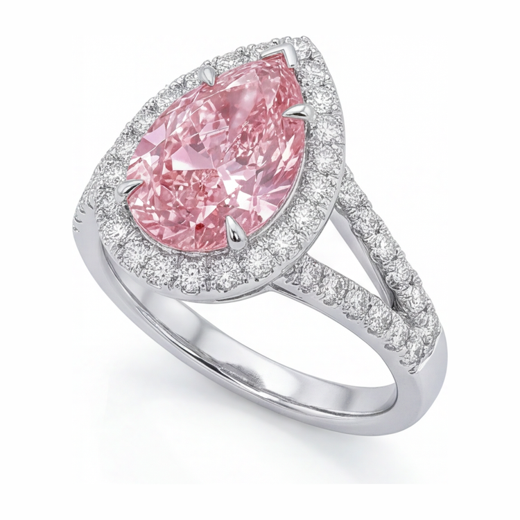 Bague de Fiançailles Diamant Rose de Laboratoire 2,5 Carats Halo Poire en Or Blanc 14 Carats