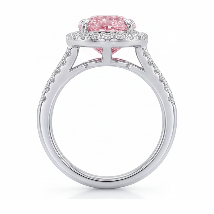 Bague de Fiançailles Halo Diamant Rose de Laboratoire Taille Poire 2,5 Carats en Or Blanc 14K