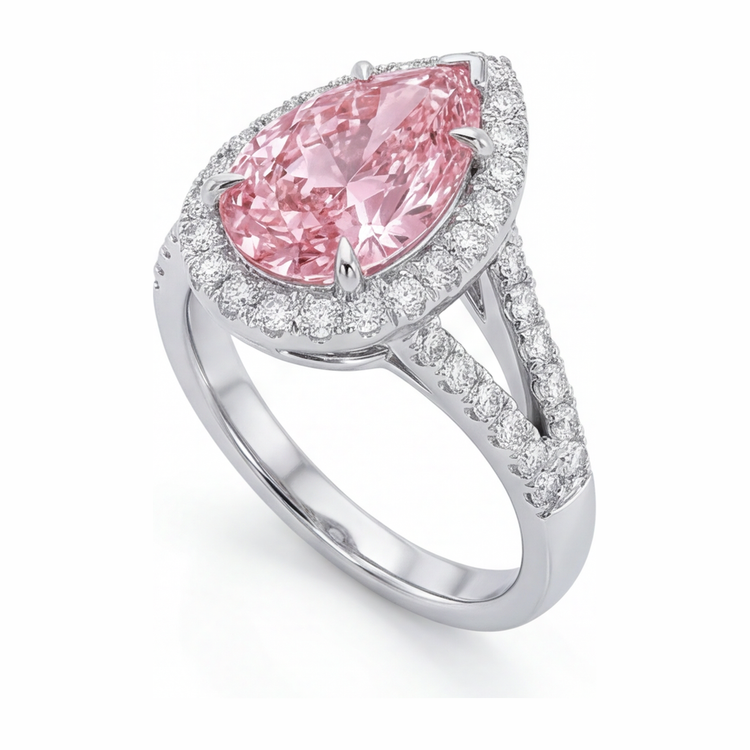 Bague de Fiançailles Diamant Rose de Laboratoire 2,5 Carats Halo Poire en Or Blanc 14 Carats