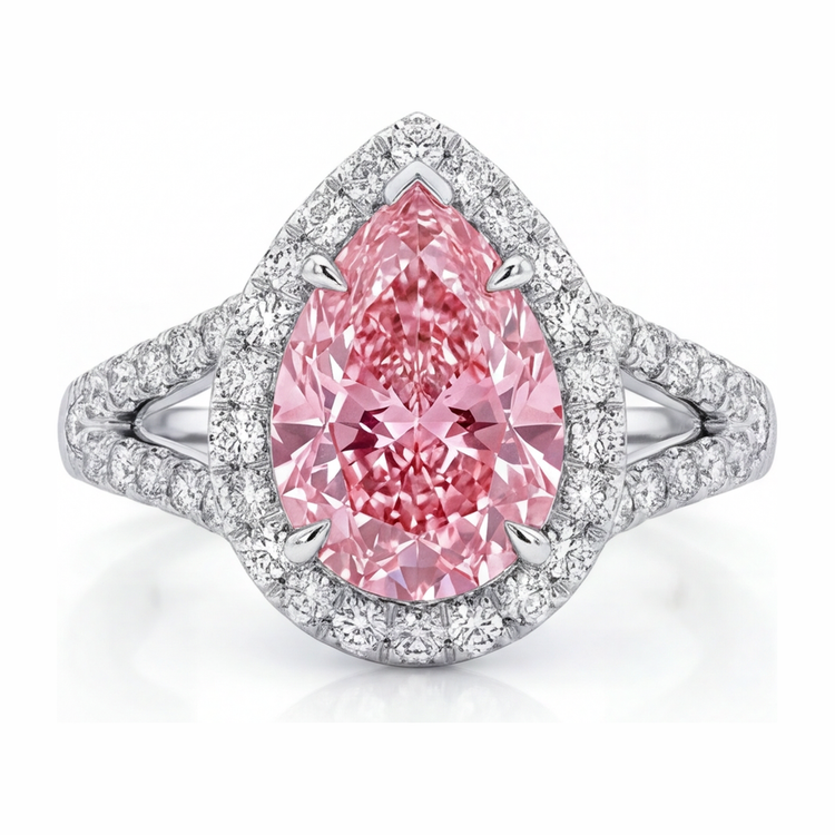 Bague de Fiançailles Halo Diamant Rose de Laboratoire Taille Poire 2,5 Carats en Or Blanc 14K