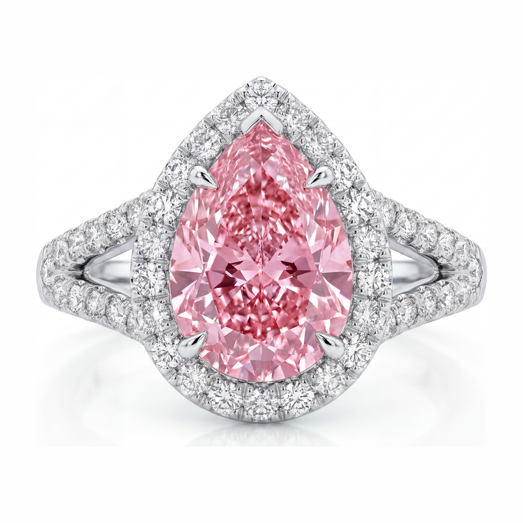 Bague de Fiançailles Diamant Rose de Laboratoire 2,5 Carats Halo Poire en Or Blanc 14 Carats