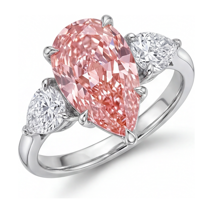 Bague trois pierres en or blanc 14 carats avec diamant rose de laboratoire taille poire 2,5 carats