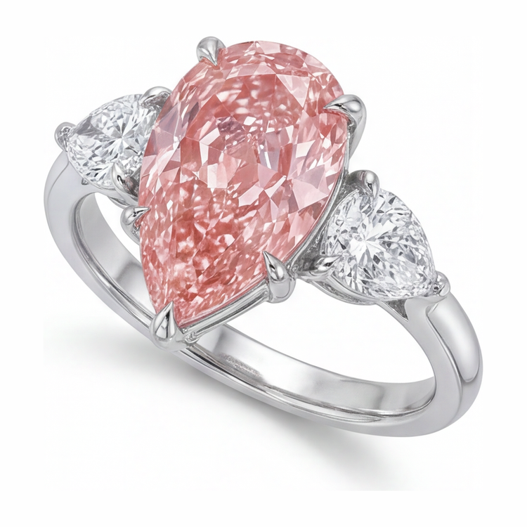 Bague trois pierres en or blanc 14 carats avec diamant rose de laboratoire taille poire 2,5 carats