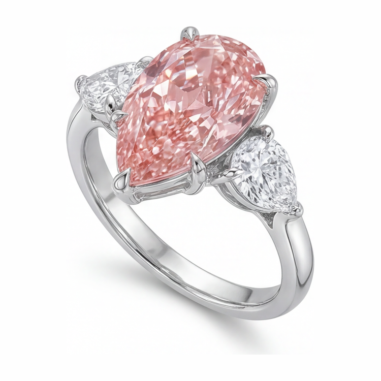 Bague trois pierres en or blanc 14 carats avec diamant rose de laboratoire taille poire 2,5 carats